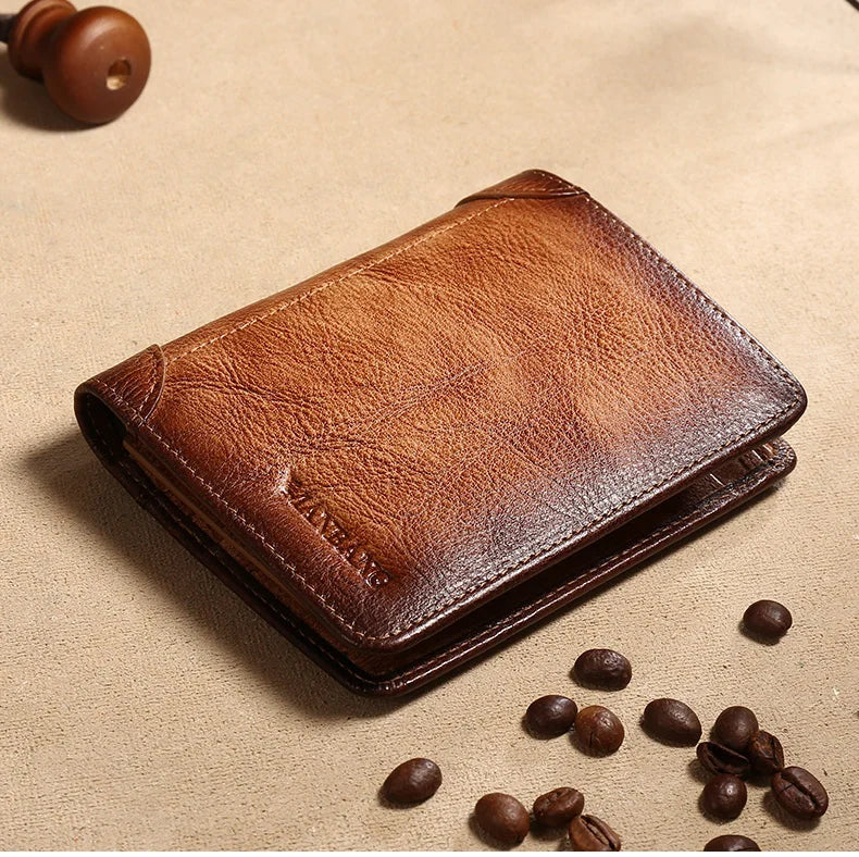 Manbang Genuine Leather Men’s RFID Blocking Trifold Wallet – High Quality Card Holder with ID Window Slim Business Wallet for Men