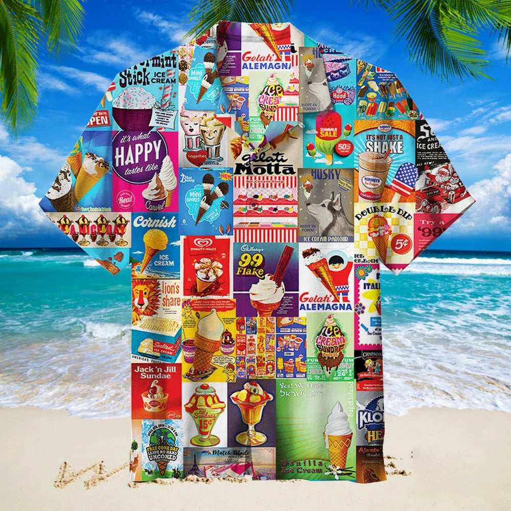 Men’s Ice Cream Hawaiian Shirt - Summer Beach Print Short Sleeve Casual Top with Original Design