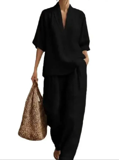 Women’s Linen Two Piece Set - 2026 Spring Summer Minimalist Solid Color European Style Casual Outfit