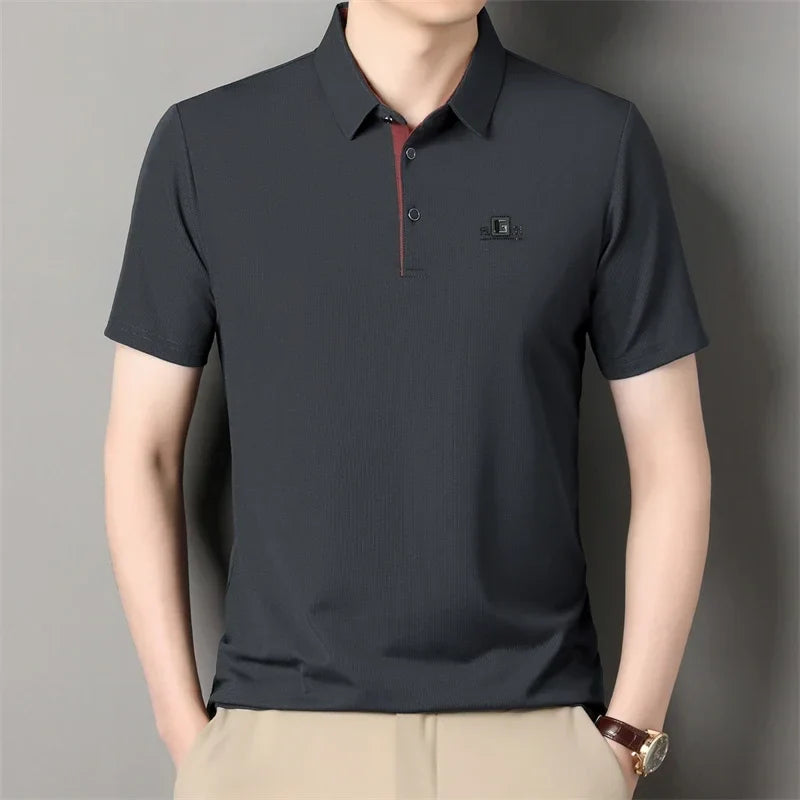 Men's Business Casual Short Sleeve Polo Shirt - Solid Color Breathable Badge Polo Top