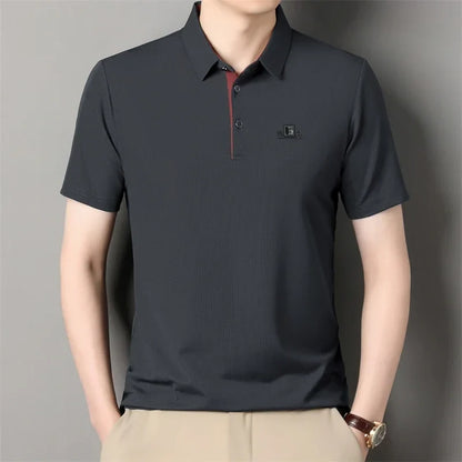 Men's Business Casual Short Sleeve Polo Shirt - Solid Color Breathable Badge Polo Top