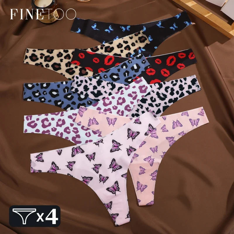 FINETOO 4Pcs Women’s Seamless Thong Underwear - Ultra Soft Leopard Print G-String Lingerie with Stretch Comfort Fit