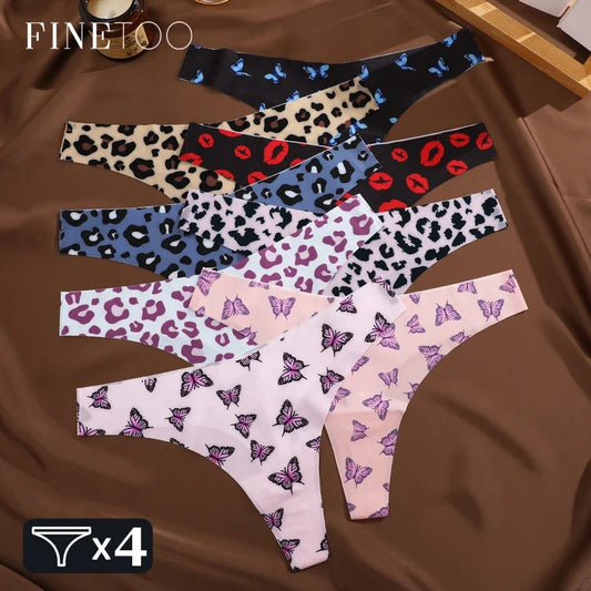 FINETOO 4Pcs Women’s Seamless Thong Underwear - Ultra Soft Leopard Print G-String Lingerie with Stretch Comfort Fit