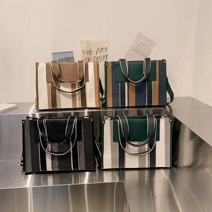 MOODS Quality Canvas Tote Bag for Women 2023 – Luxury Designer Handbag, Contrast Color Striped, Big Shoulder Crossbody Shopper Totes