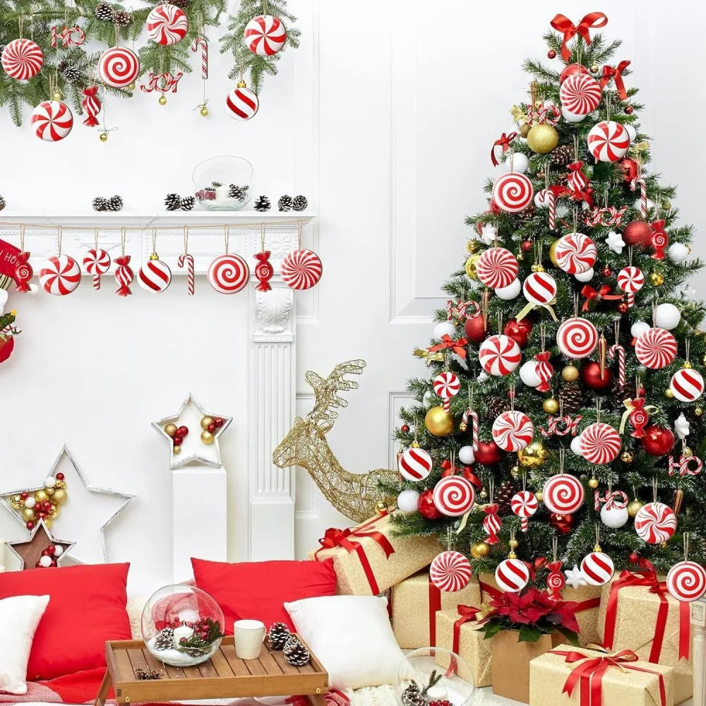 12PCS Wooden Christmas Candy Ornaments – Red & White Hanging Decorations for Tree, Home & New Year Party