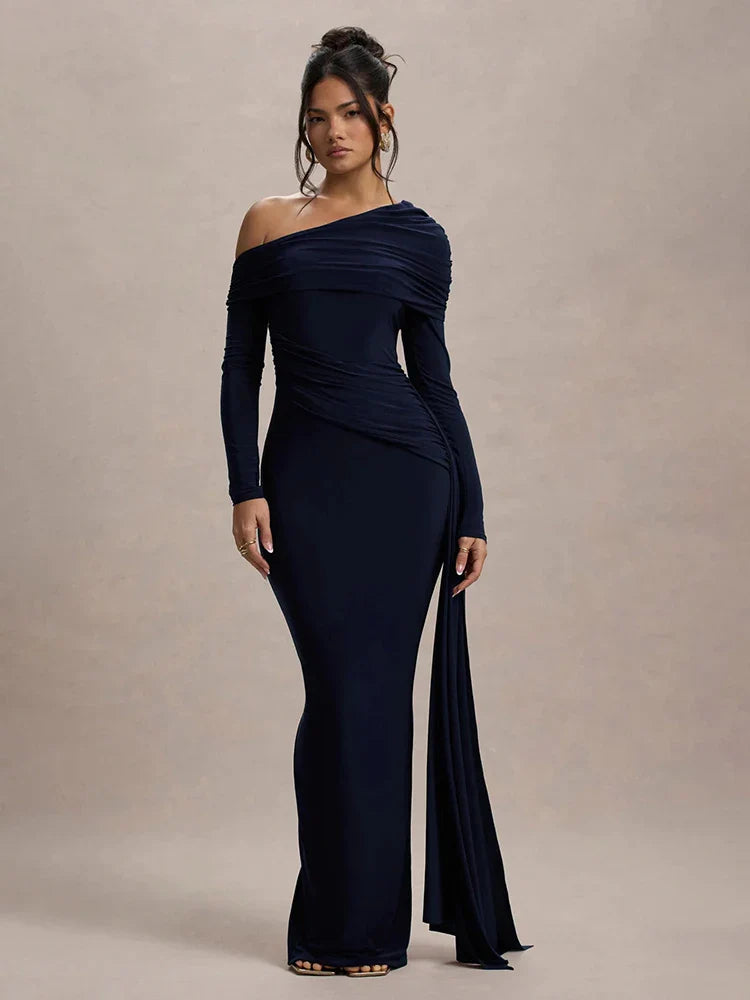 Mozision Women’s Long Sleeve Maxi Dress – Sexy Backless Draped Ruched Bodycon Gown, Skew Collar Elegant Club Dress