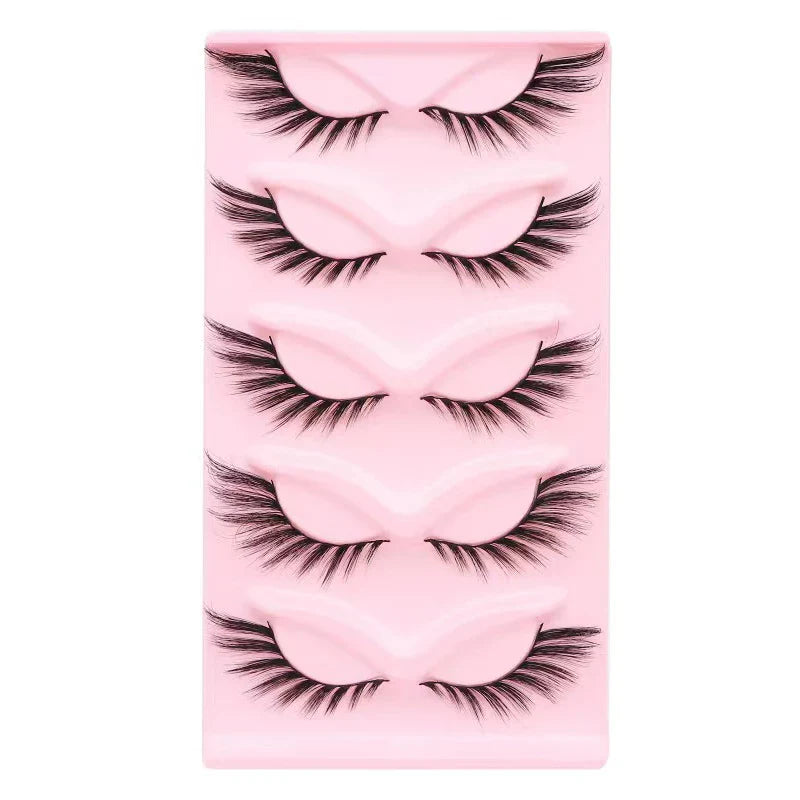 Manga Lashes 5 Pairs – Anime Cosplay Faux Mink Short Full Strip Lashes, Korean Natural Look, Clear Band Soft Eyelash Extensions