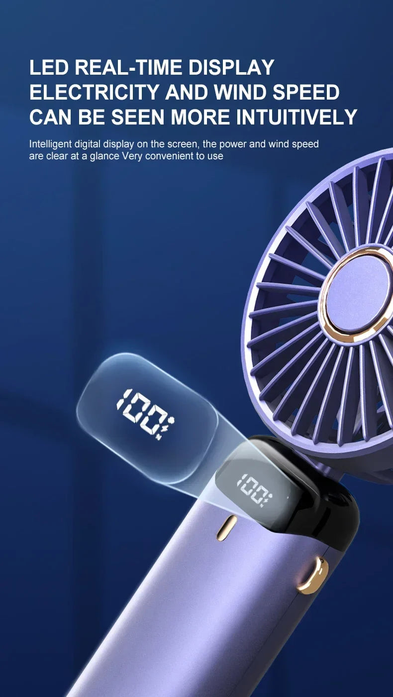 5000mAh Handheld Mini Fan – Wireless USB Rechargeable Portable Fan with Digital Display, Phone Holder, 5-Speed Foldable Neck Hanging Fan