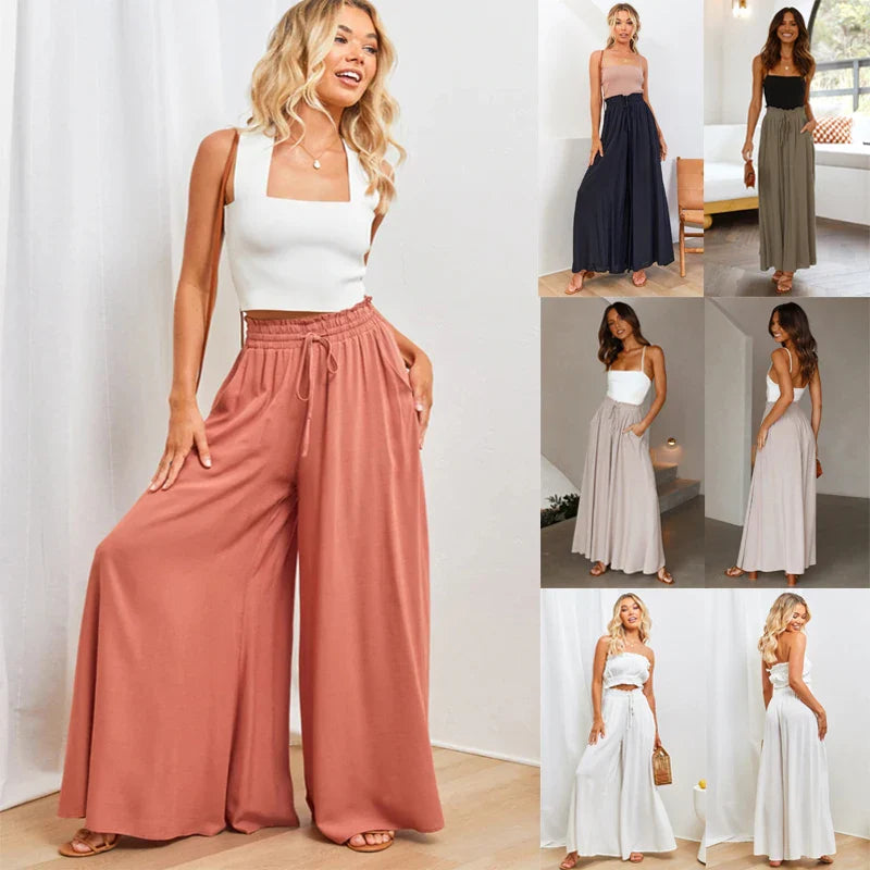 Women’s Summer Wide Leg Pants – Elastic Waist Casual Loose Fit Trousers Breathable Beach Lounge Pants
