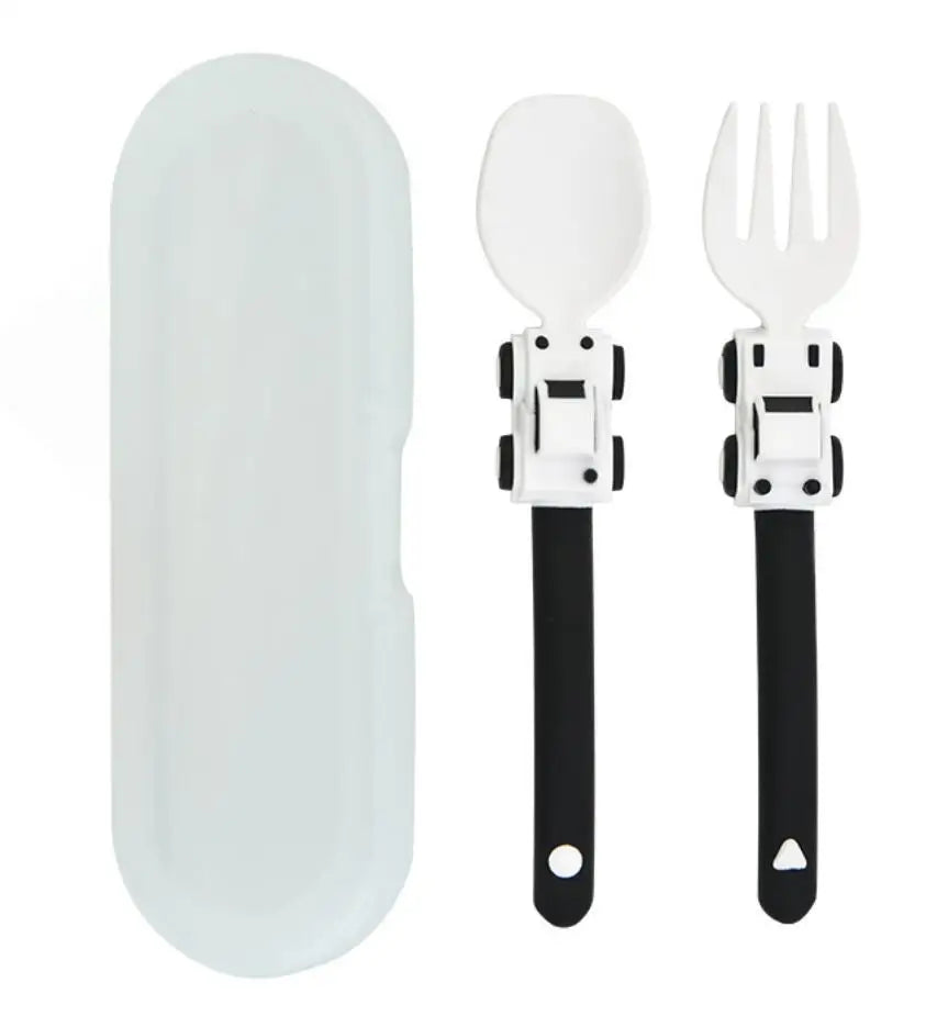 Kids Cartoon Race Car Spoon & Fork Set - Self Feeding Children's Food Supplement Utensils for Toddlers