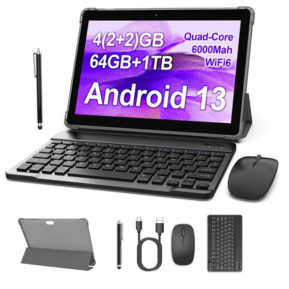 BAKEN 10.1" Android 13 Tablet – 4GB+64GB, Quad-Core, Dual Cameras, WiFi & Bluetooth 2-in-1 Tablet
