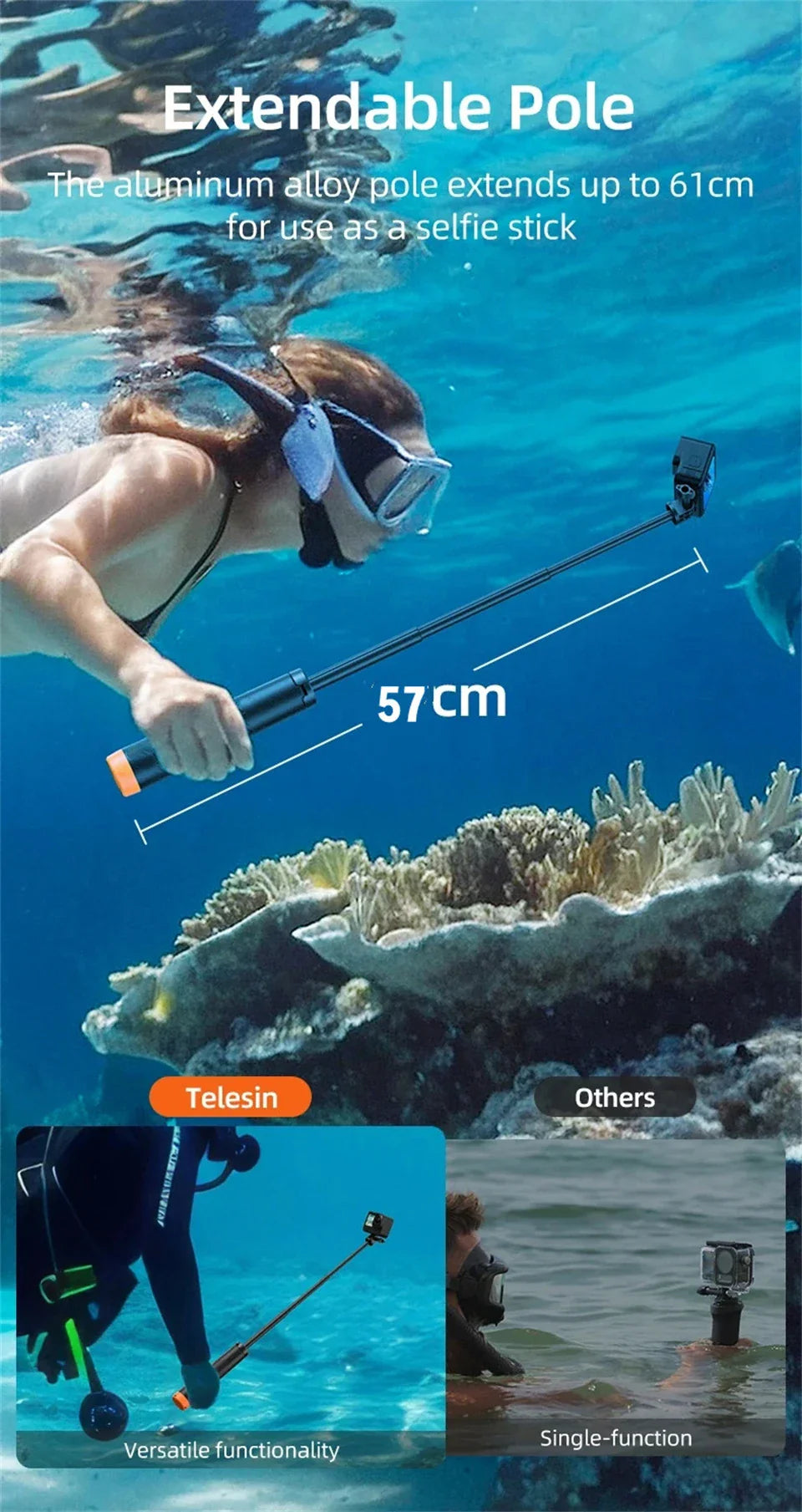 BSLIUFANG Underwater Buoyancy Pole Selfie Stick Tripod — Extendable Mount for GoPro, Insta360, DJI Osmo, and Sports Cameras