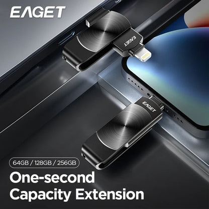 Eaget MFi USB Flash Drive - Lightning to USB 3.2 Memory Stick 64GB 128GB 256GB 1TB for iPhone iPad PC & Laptop