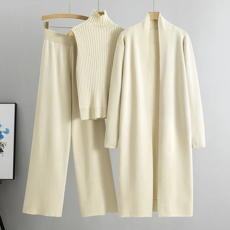 2025 Women’s 3-Piece Knitted Set – Elegant Winter & Autumn Cardigan, Sweater, and Wide-Leg Pants