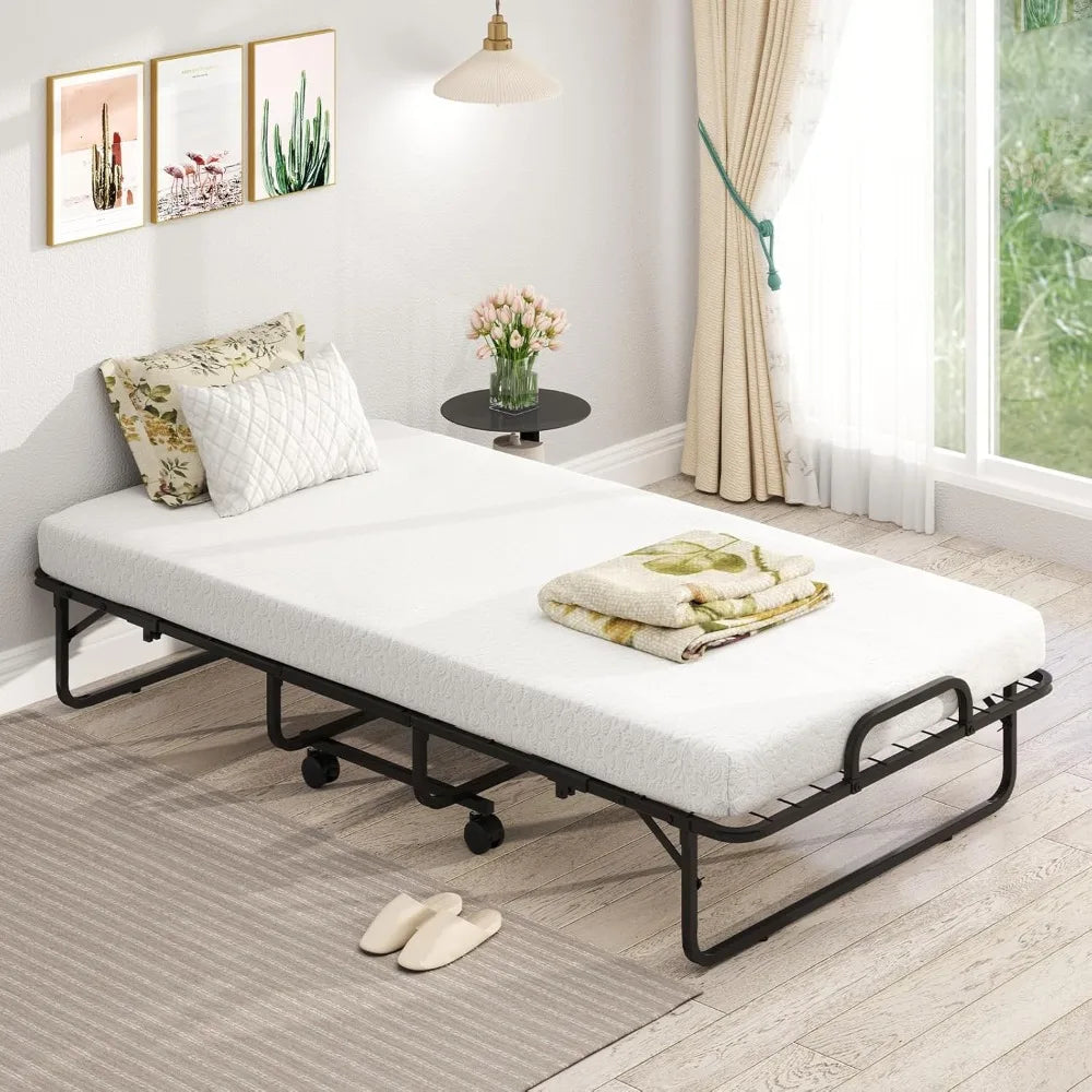 Foldable Twin Size Rollaway Bed with Mattress – Space Saving Portable Guest Bed with Memory Foam, Adult Folding Bed for Home & Travel