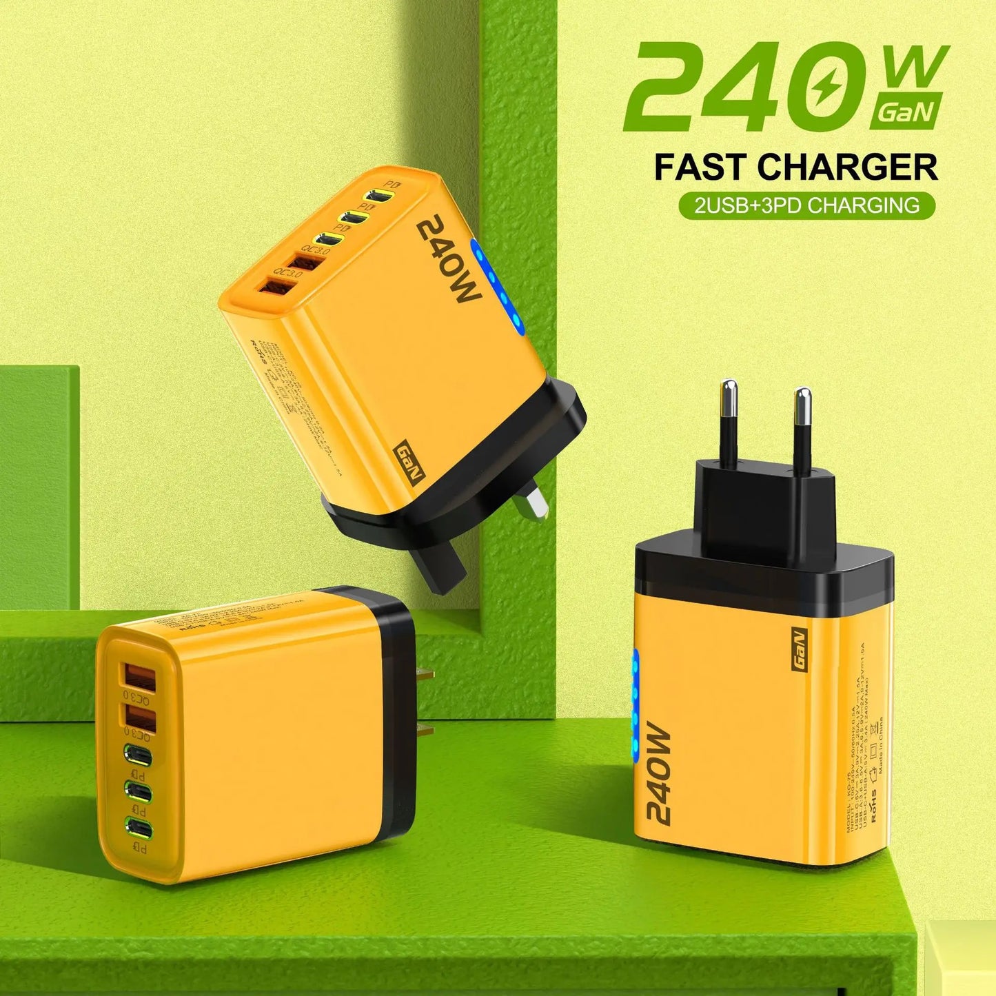 240W 5-in-1 GaN Fast Desktop Charger – USB-C Quick Charge 3.0 Adapter for iPhone Samsung Huawei