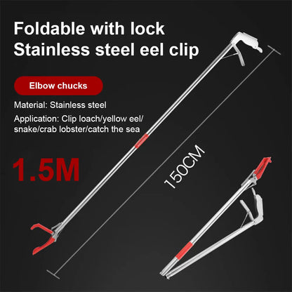 1.5M Foldable Snake Tongs - Stainless Steel Reptile Grabber Tool with Wide Jaw Catcher Hook for Snake Handling