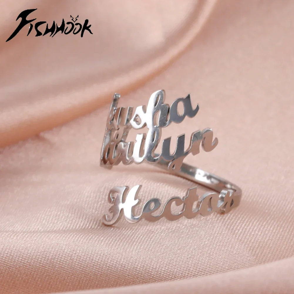 Custom Fishhook Double Name Finger Ring - Personalized Family & Couple Love Gift for Women & Men, Gold Stainless Steel Jewelry
