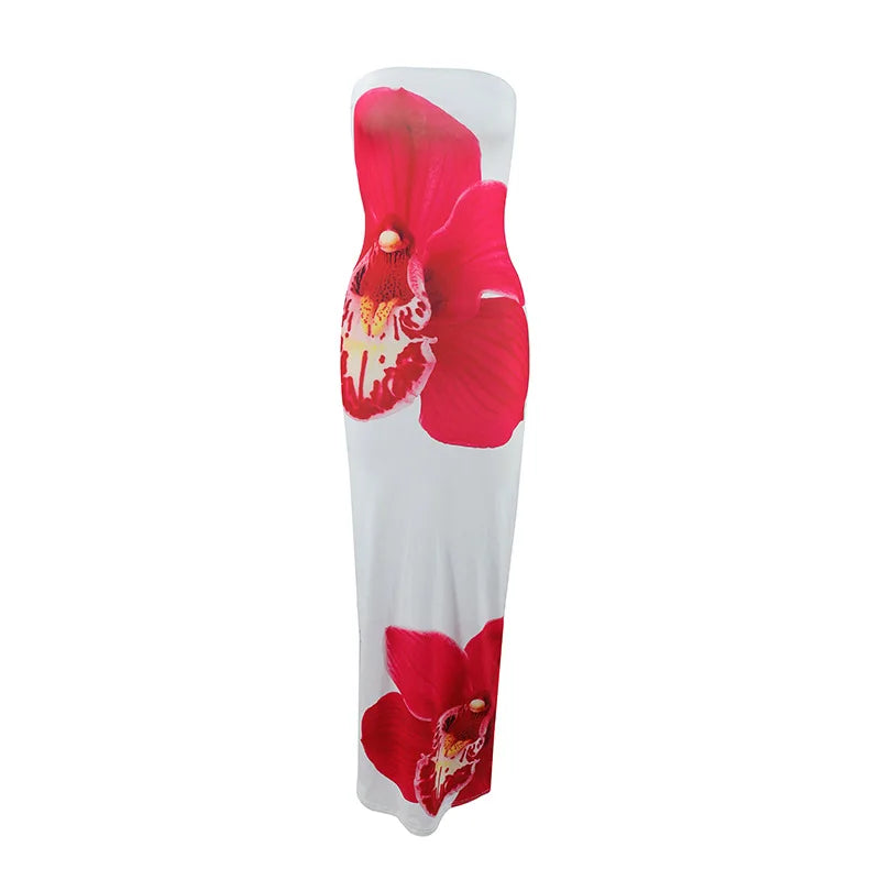 Women’s Floral Strapless Maxi Dress - High Waist Slim Fit Summer Vacation & Evening Party Dress