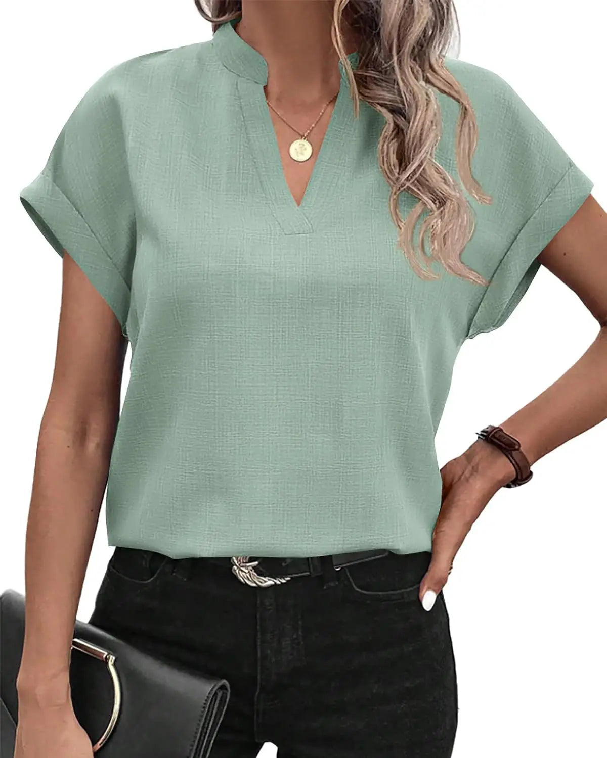 Women’s V-Neck Linen Blend Blouse - Textured Short Sleeve Relaxed Fit Casual Summer Shirt