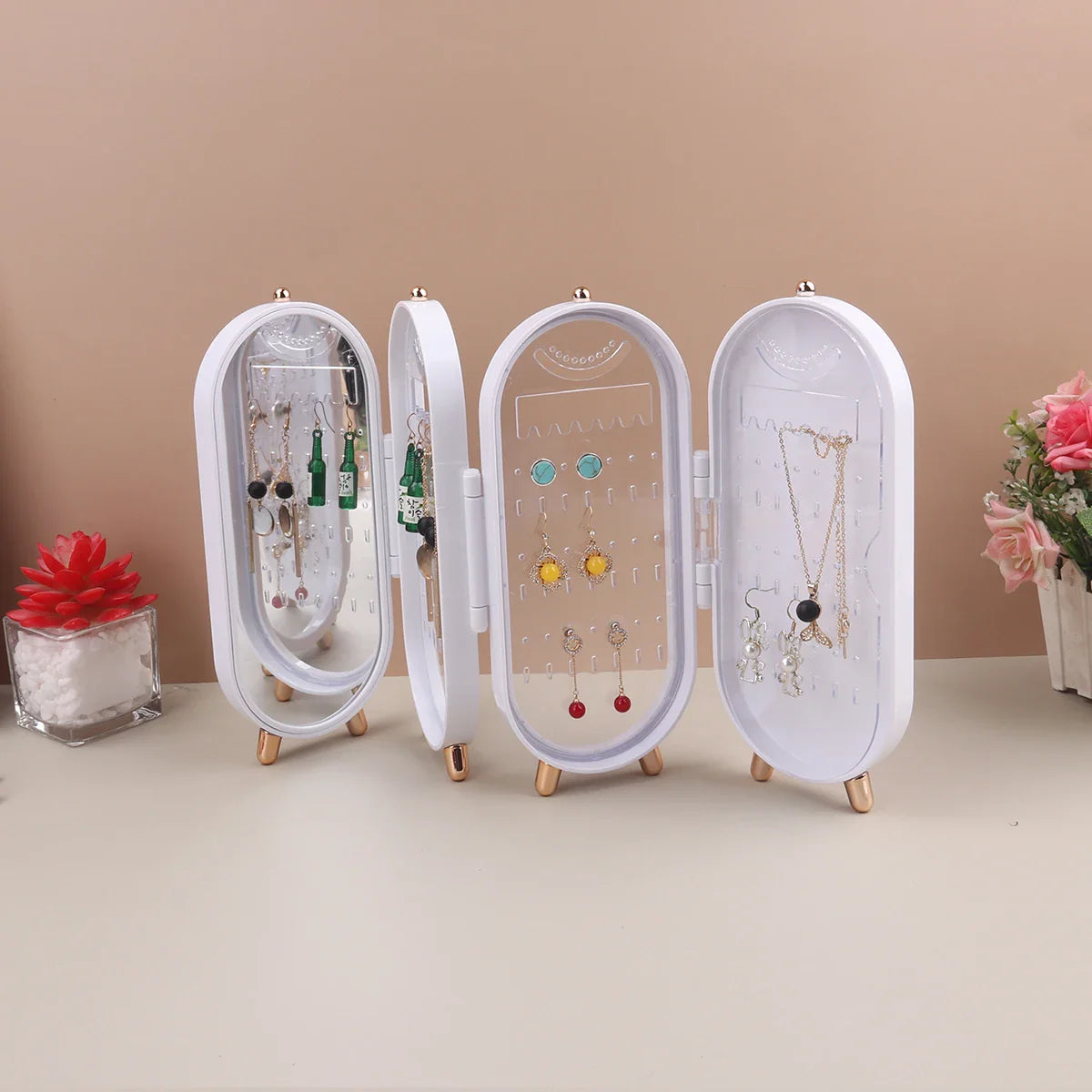 Foldable Jewelry Box Organizer with Mirror: Plastic Storage Container for Women - Desk Storage Rack for Earrings, Necklaces, Rings, and More