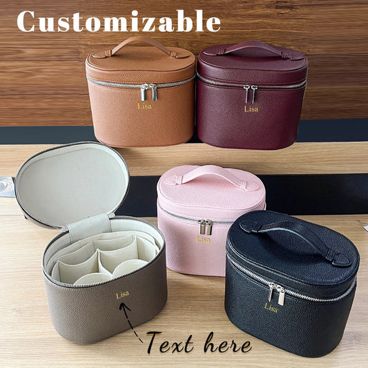 Custom Name Cosmetic Bag - Portable Large Capacity PU Leather Makeup Organizer with Internal Storage Box for Travel