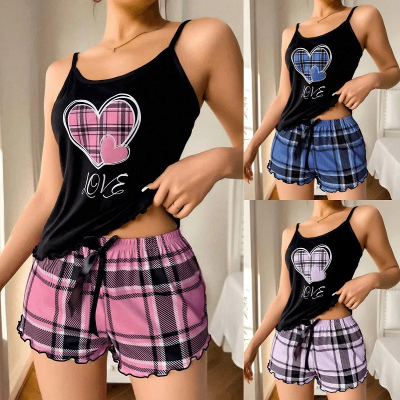 Women’s Sexy Suspender Pajama Set - Letter Print Plaid Shorts Romantic Thin Nightwear Home Wear