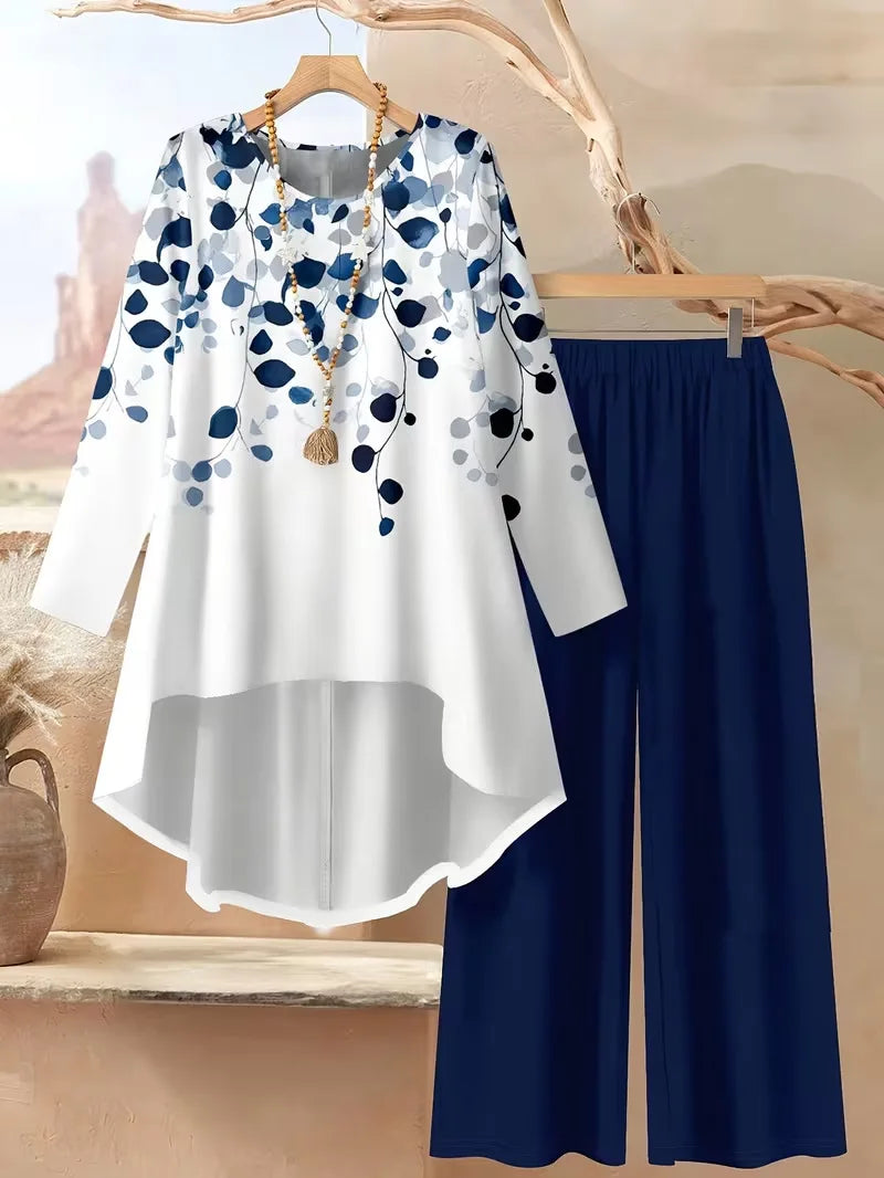 Plus Size 2 Piece Outfit Set - Floral Long Sleeve Blouse and Wide Leg Pants Casual Women's Suit