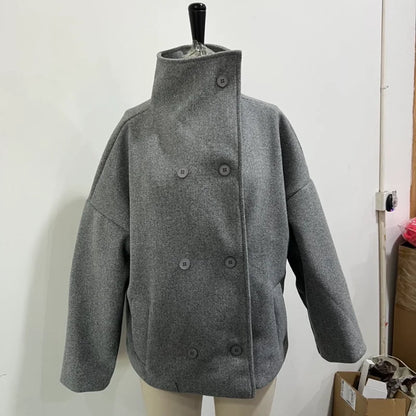 Women’s Short Woolen Coat - Stand Collar Loose Zipper Jacket for Spring Autumn Fashion Outerwear