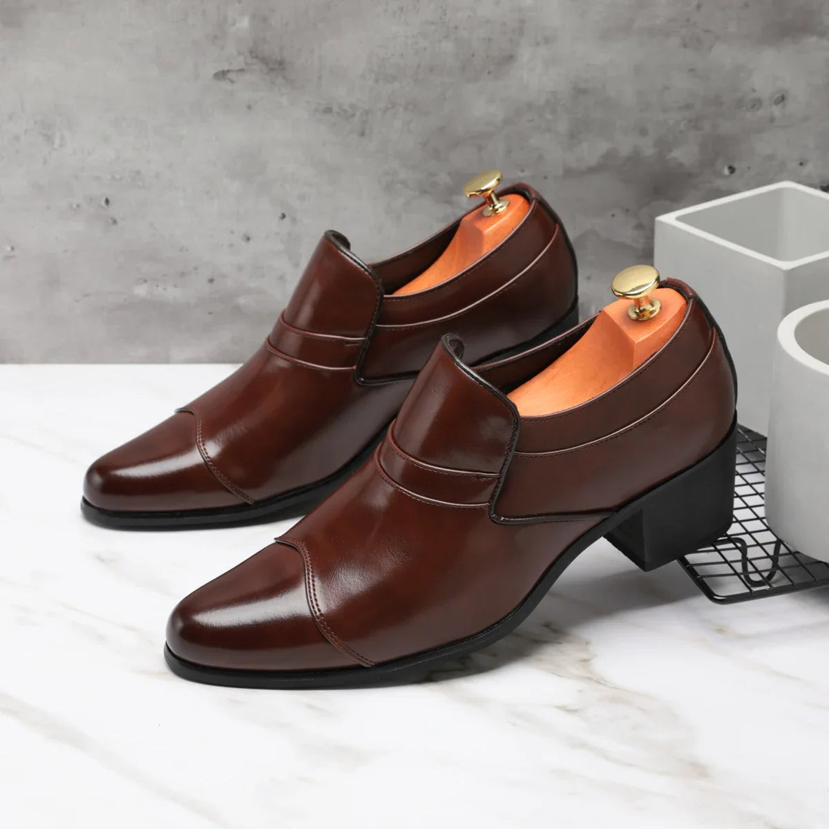 Premium Leather Men’s Slip-On Loafers - Business Casual Wedding Plaid Design Height Increasing Shoes
