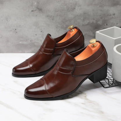 Premium Leather Men’s Slip-On Loafers - Business Casual Wedding Plaid Design Height Increasing Shoes