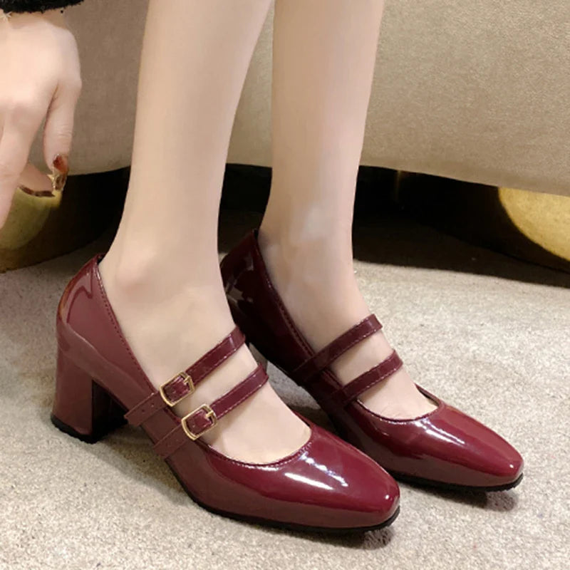 Elegant Women’s Mary Jane Chunky Heels – Square Toe Patent Leather Pumps with Double Ankle Strap