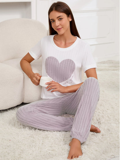 Women’s Heart Print Pajama Set – Short Sleeve Top & Pants Two-Piece Loungewear