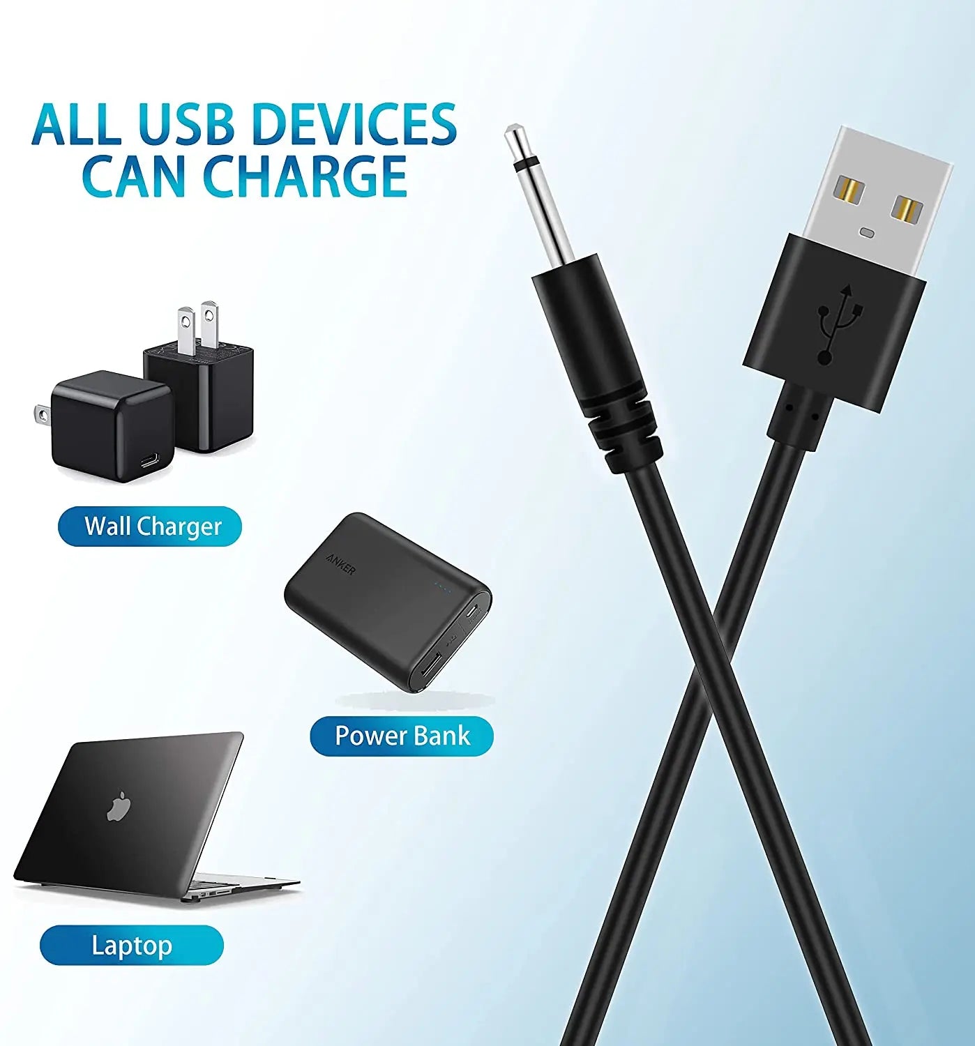 2.7Ft USB to 2.5mm DC Charging Cable – Fast Charging Replacement Cord, 2-Pack
