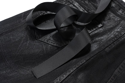 Men’s Streetwear Black Wax Leather Stretch Jeans — Baggy Y2K Flare Oversized Straight Denim Trousers