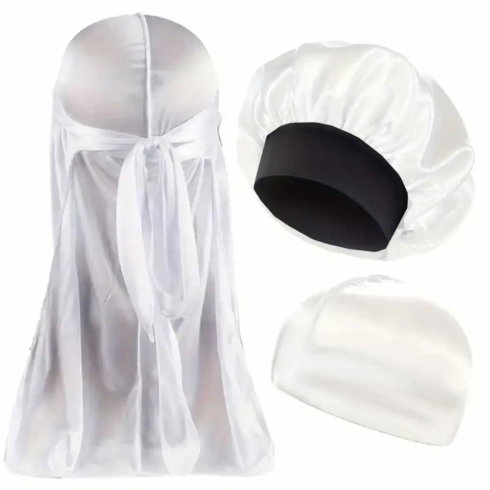 3PCS Durag & Satin Bonnet Set - Solid Color Night Cap and Lightweight Dome Hat Hair Accessories