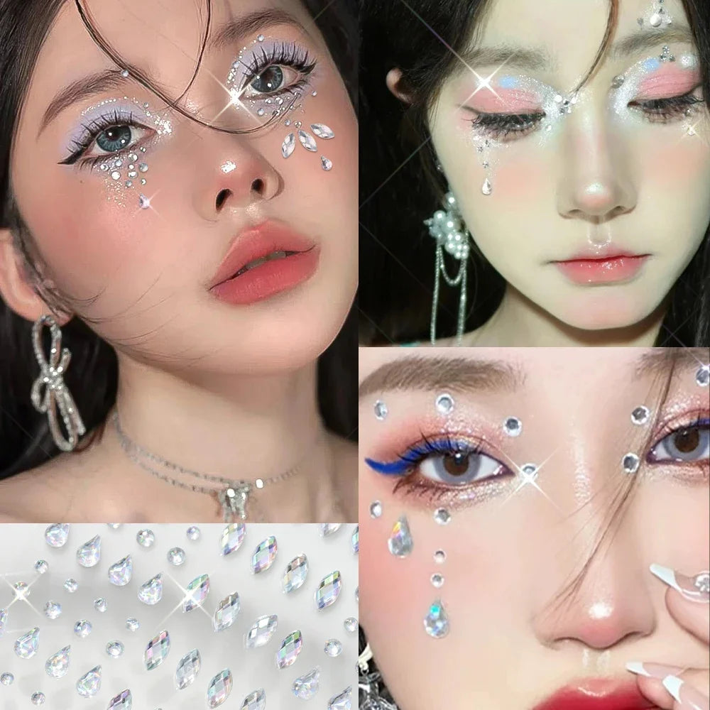 3D Holographic Teardrop Rhinestone Stickers - Self-Adhesive Crystal Diamond Face, Eye & Hair Decoration Tattoos