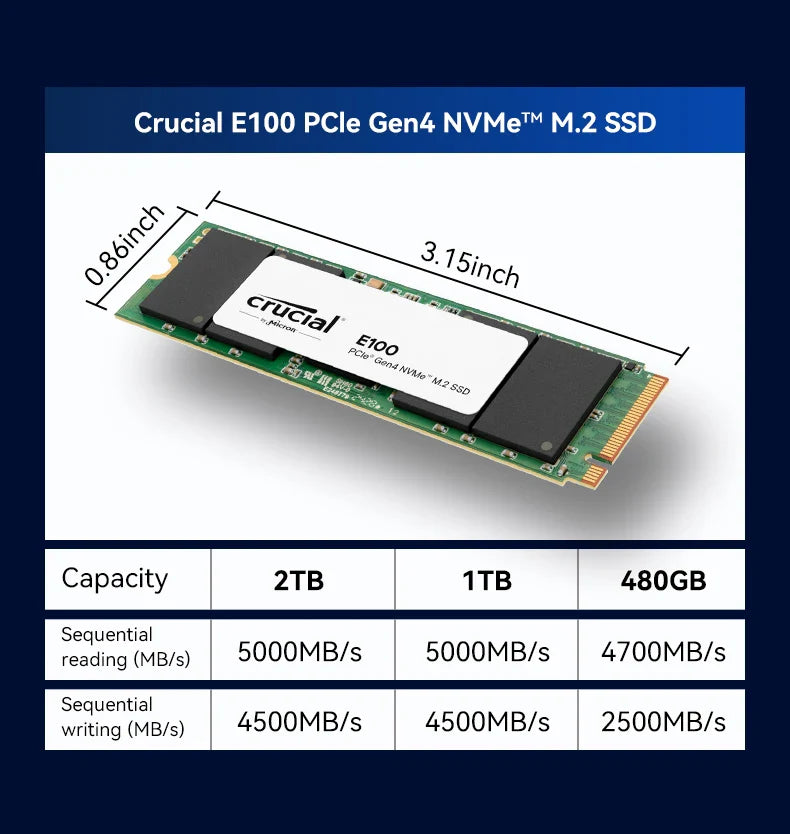 Crucial NVMe M.2 SSD – 480GB/1TB/2TB PCIe 4.0x4 5000MB/s for PS5, Laptop, PC