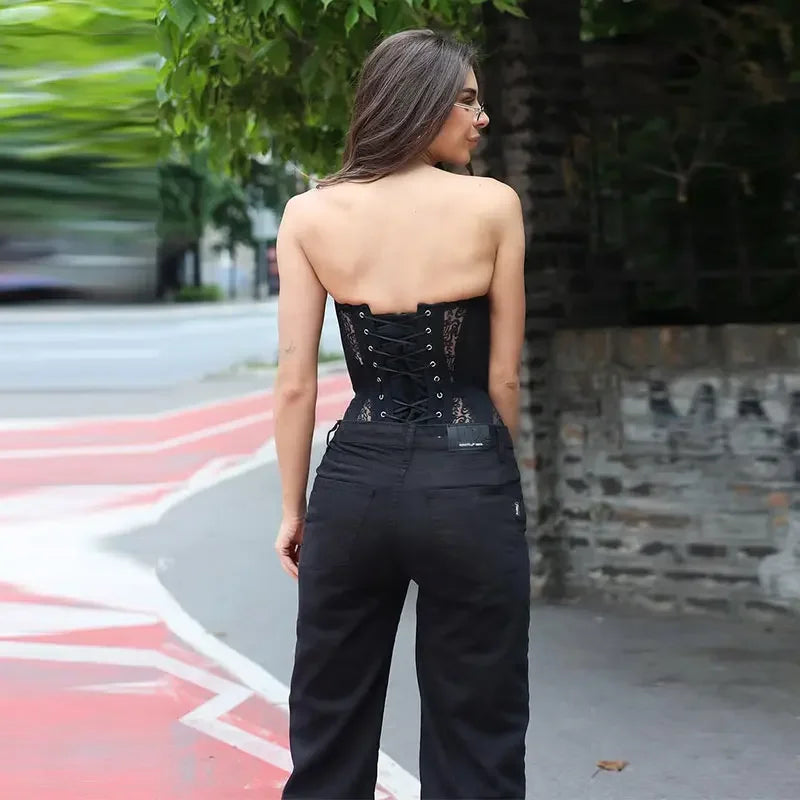 Spicy Girl Women’s Sexy Corset Top – Lace Hollow Sleeveless Strapless Vest, Tight Fit Summer 2025 Street Fashion
