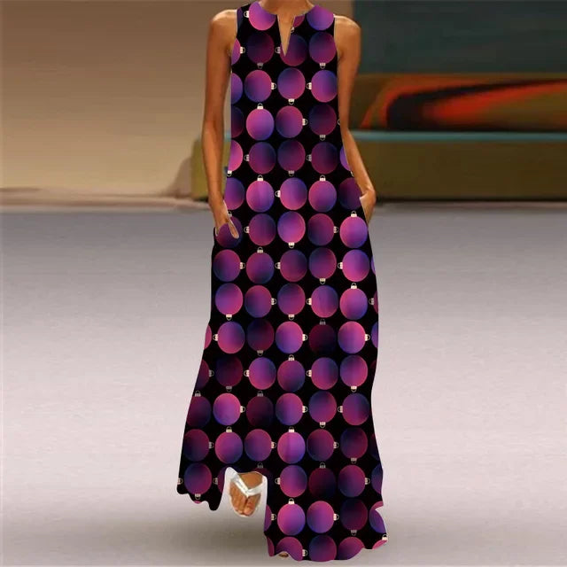 Women’s Retro V-Neck Summer Dress - Sleeveless Printed Maxi Swing Skirt with Loose Comfortable Fit