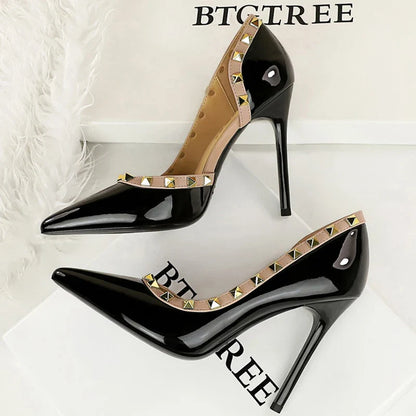 BIGTREE Women’s Rivet Patent Leather Pumps – 10.5cm Stiletto High Heels, Sexy Party Shoes, Large Size 43