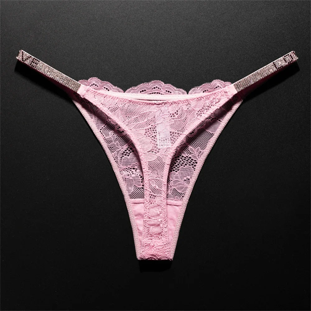 Women's Crystal Lace Thong - Sheer Transparent Breathable T-Back Lingerie Plus Size S-XL