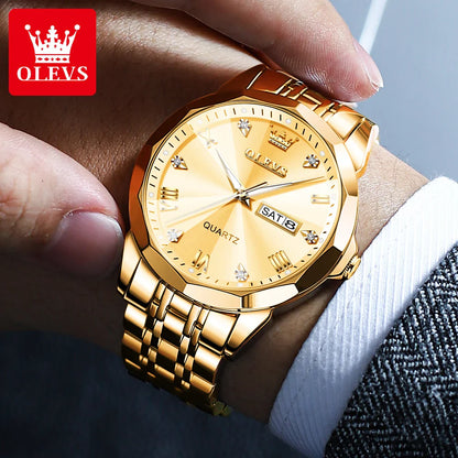 OLEVS Men's Gold Quartz Wristwatch – Waterproof Luminous, Rhombus Mirror with Date and Week, Luxury Dress Watch