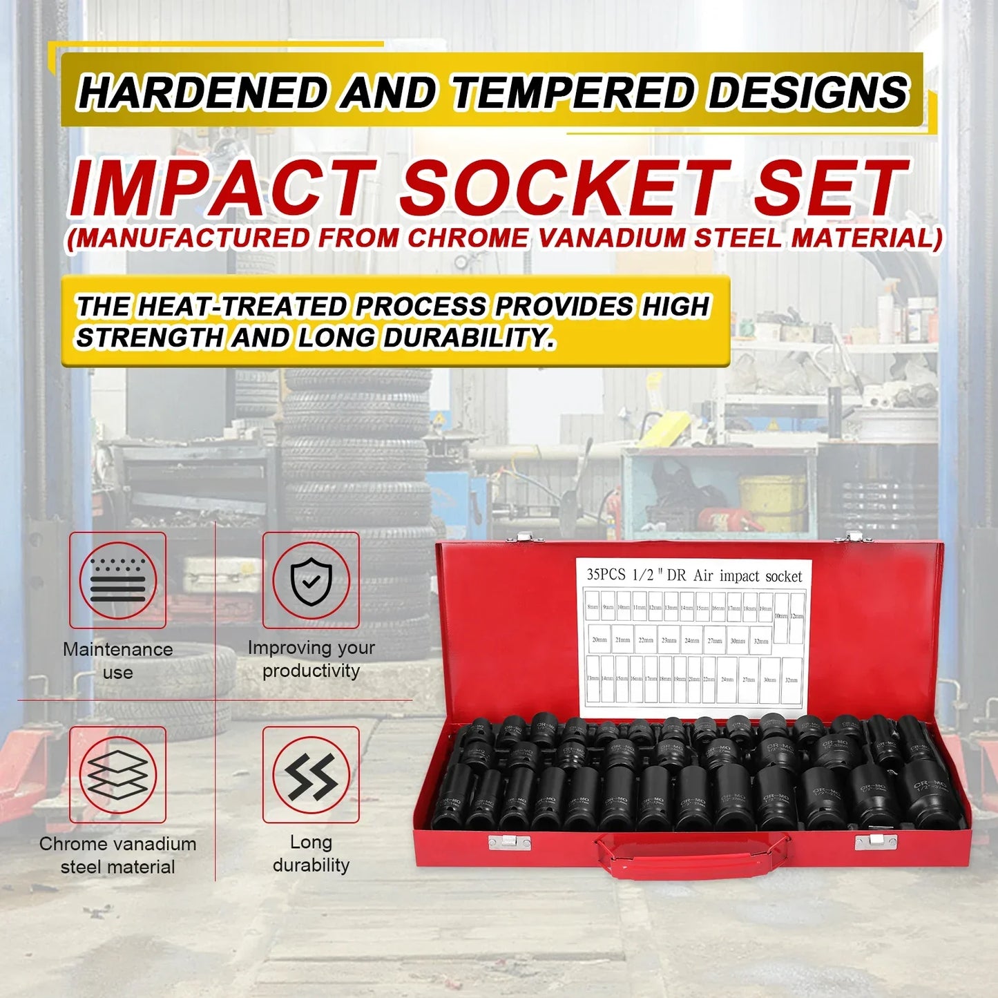 35PCS 1/2-Inch Pneumatic Impact Socket Set - Chrome Vanadium Steel Automotive Repair Tool Kit