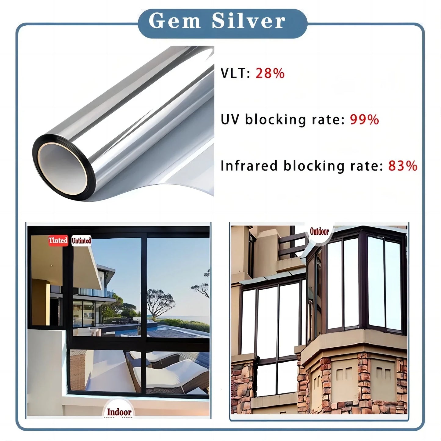 Solar Reflective Window Film - Insulation Privacy Glass Tint Sticker with 99% UV Protection for Home & Office Windows