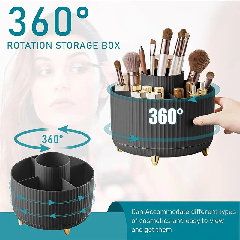 360° Rotating Makeup Organizer - 5 Compartment Plastic Cosmetic Holder for Brushes & Beauty Storage