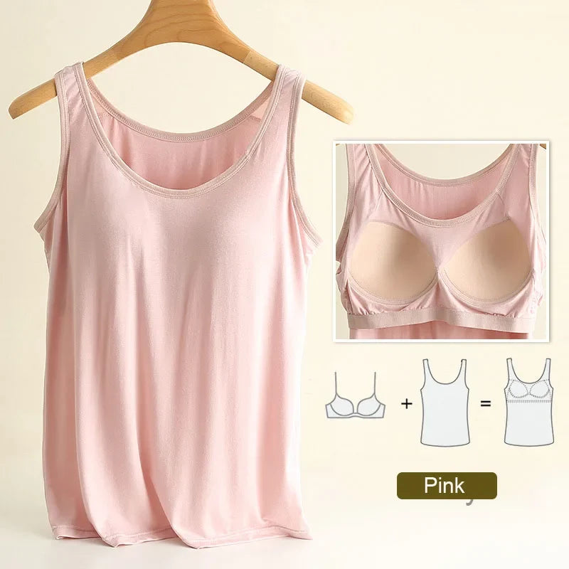 Women’s Modal Plus Size Tank Top - Soft Built-In Chest Pad Camisole with Comfortable Integrated Wear-Free Support