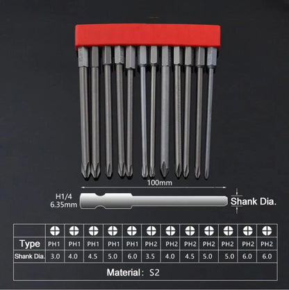 12Pcs 1/4 Inch Magnetic Screwdriver Bits - 50mm 75mm 100mm Long Power Tool Bit Set