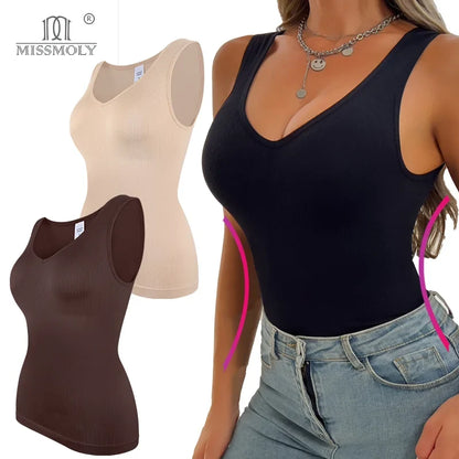 Women’s Sleeveless Shapewear Tank Top - V Neck Compression Body Shaper Shirt with Tummy Control & Wide Strap Support
