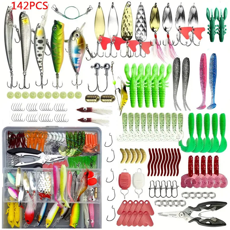 Fishing Lure Set 18–142pcs Mixed VIB Baits Kit – Soft Lures, Minnow, Popper & Hooks Freshwater Fishing Tackle Accessories Kit
